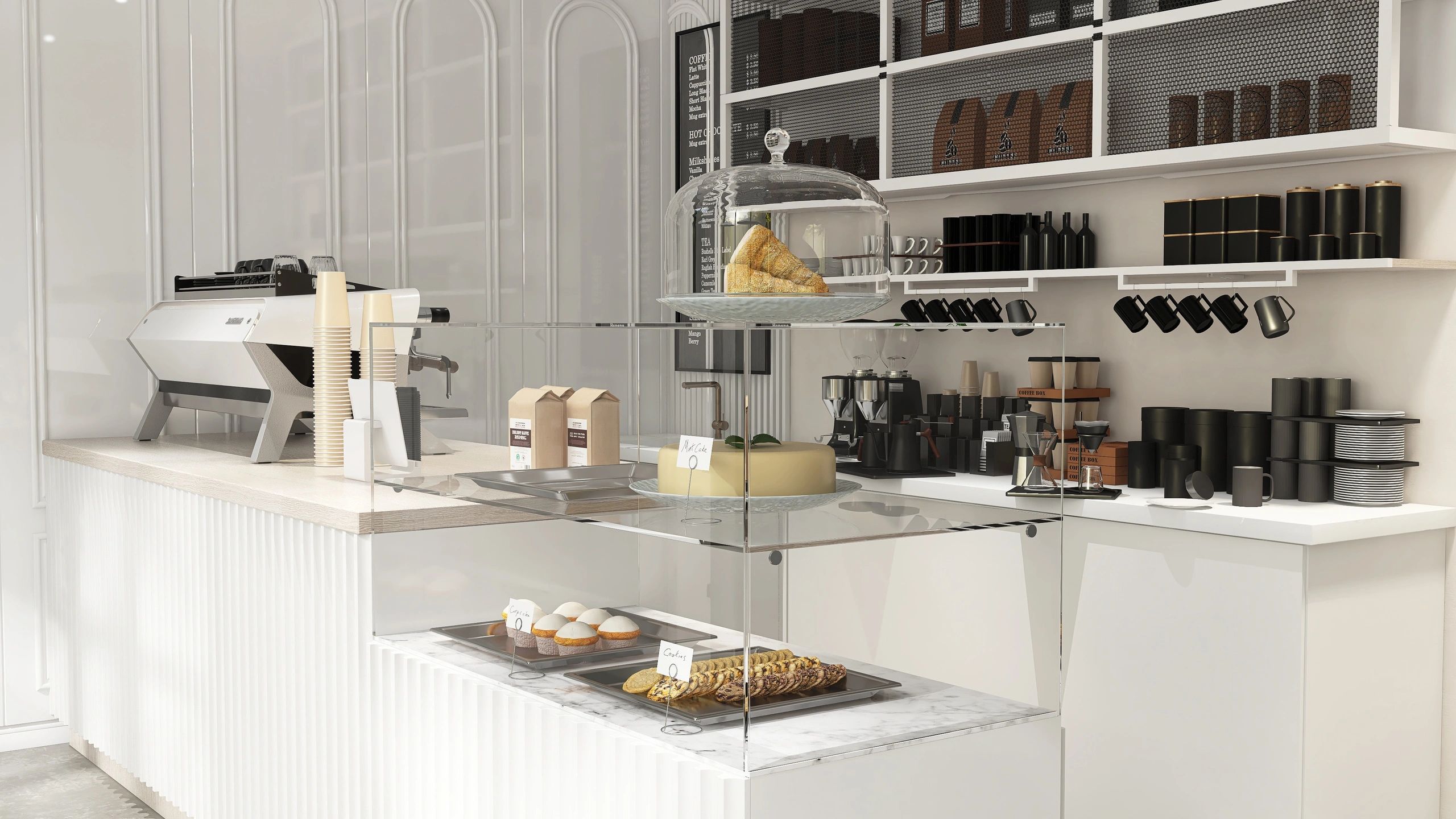 Bakery display counter with dessert case and warm, welcoming interior